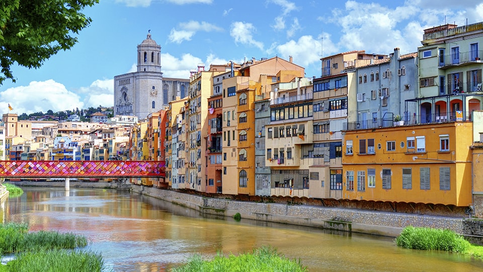 Cathedral and houses in Girona with decorated bridge. Flower Festival 2013